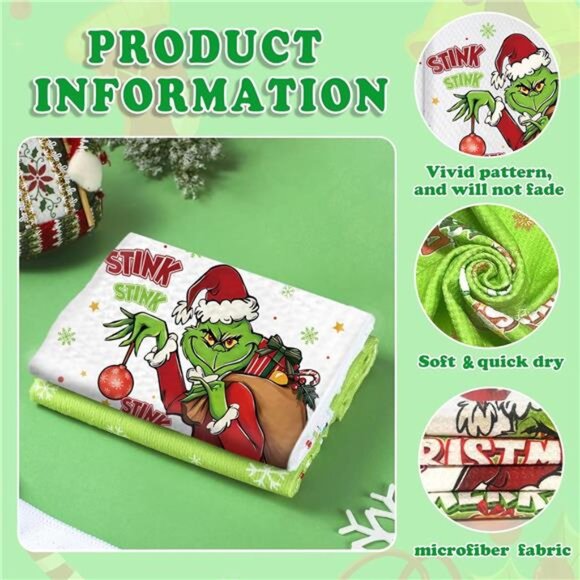 Set of 2 Grinchmas Christmas‎ Kitchen Towels, Waffle Weave Absorbent Hand Towels - Picture 6 of 7